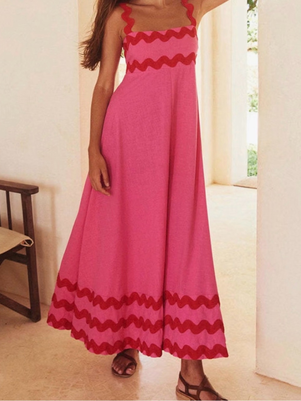 Pink Maxi Dress with Red Wave Trim - Women's Summer Dress
